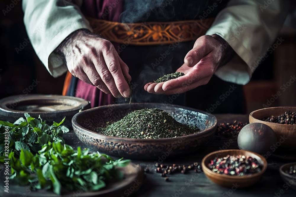 Soft-focus image of a traditional herbalist preparing medicine with spices Soft-focus image of a traditional herbalist preparing medicine with spices