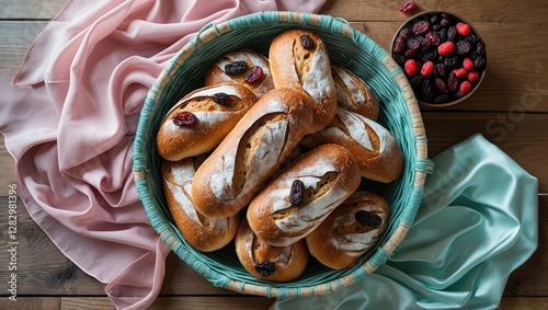 Freshly baked bread rolls in a rustic basket surrounded by soft fabrics and a bowl of mixed dried fruits on a wooden surface photo