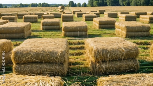 Large rectangular hay bales arranged in a grassy field under clear blue sky with trees in the background during daylight hours photo