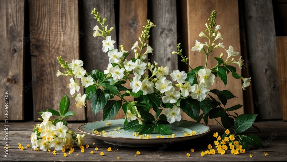 Fototapeta premium White flowers with green leaves arranged in a decorative manner on a plate, set against a rustic wooden background.