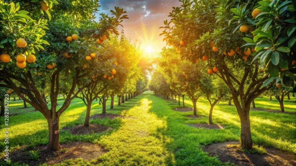 Fototapeta premium Warm sunlight filters through the lush green leaves of orange and lemon trees in a sprawling citrus grove, casting dappled shadows on the ground, greenery, citrus