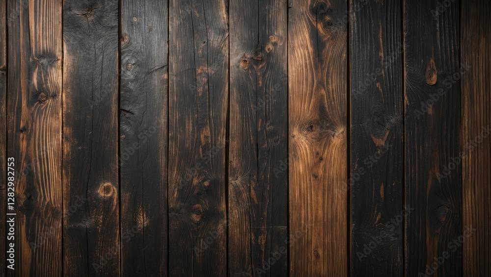 Naklejka premium Dark wooden plank background with a rustic texture showing various shades of black and brown in natural grain patterns.