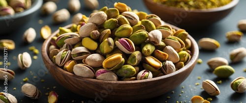 Assorted pistachios in a wooden bowl with scattered nuts and a second bowl in the background on a dark surface photo