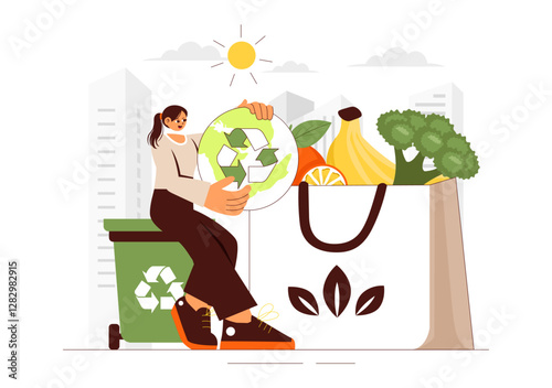 Zero Waste Lifestyle Illustration featuring Plastic Waste Being Sorted Into a Recycling Bin to Process Sustainability and Environmental Awareness