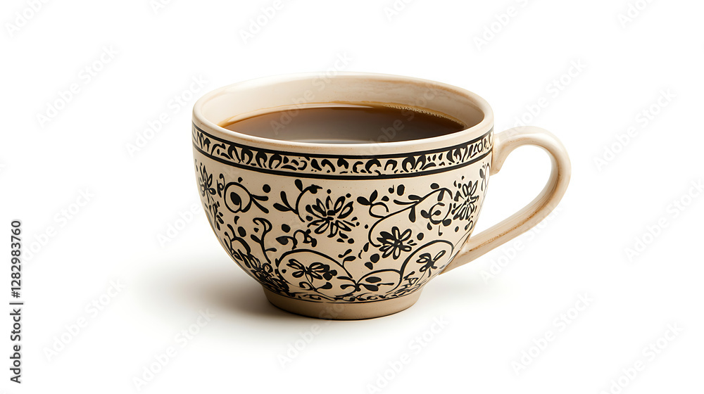 A white and black cup with floral designs sits on a white background A white and black cup with floral designs sits on a white background