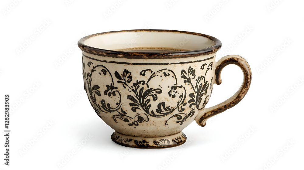 A white and brown cup with floral designs on it