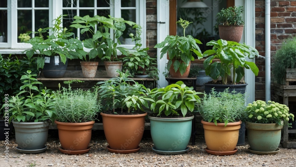 Potted plants arranged in various colored containers on a garden pathway near a house with large windows and greenery. Potted plants arranged in various colored containers on a garden pathway near a house with large windows and greenery.