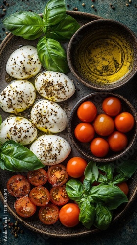 Wallpaper Mural Overhead View of Caprese Salad with Mozzarella Tomatoes Basil and Olive Oil on a Dark Textured Plate Mediterranean Cuisine Torontodigital.ca