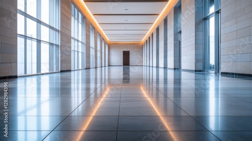 A legislative hall with minimalist design and tall ceilings. Featuring order and structure