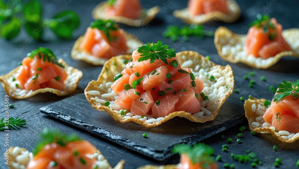 Appetizing gourmet salmon tartare served in crispy tortilla bowls garnished with fresh herbs on a slate plate Appetizing gourmet salmon tartare served in crispy tortilla bowls garnished with fresh herbs on a slate plate