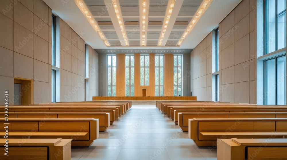 Obraz premium A legislative hall with minimalist design and wooden accents. Featuring structure and clarity