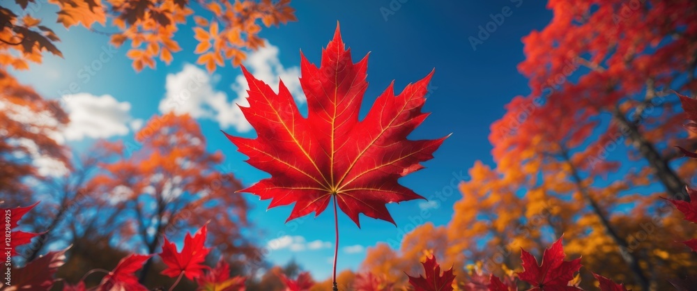 Vibrant red maple leaf surrounded by colorful autumn foliage against a clear blue sky