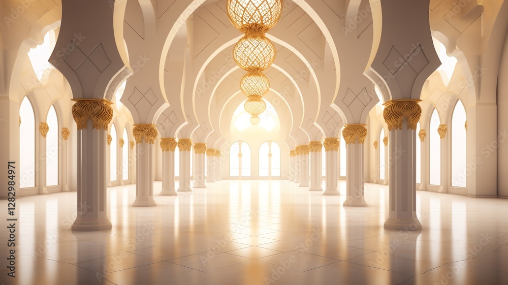 Fototapeta premium Serene sunlight streams through a majestic mosque's arched hallways, illuminating rows of elegant white columns adorned with golden capitals, creating a breathtakingly peaceful atmosphere.