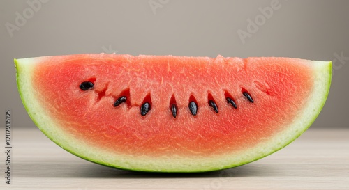 Juicy watermelon slice showcasing vibrant red flesh and black seeds detail photo