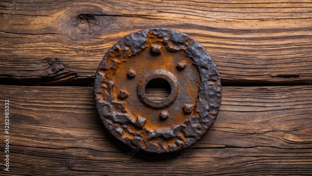 Rusty metal circular disc on aged wooden surface with textured details and a central hole Rusty metal circular disc on aged wooden surface with textured details and a central hole