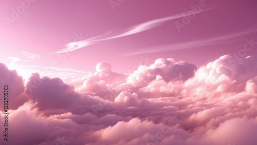 Pink and purple fluffy clouds during twilight in a clear sky with soft sunlight illuminating the atmosphere photo