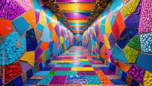 Vibrant abstract corridor featuring colorful mosaic textures and patterns creating a lively artistic environment for creative design concepts