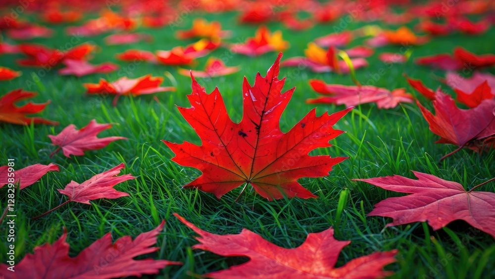 Red maple leaves scattered over a green grassy lawn during autumn season in a natural outdoor setting. Red maple leaves scattered over a green grassy lawn during autumn season in a natural outdoor setting.