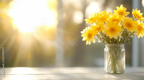 Sunlit yellow flowers in glass jar on windowsill, bright background, perfect for spring greeting cards or websites