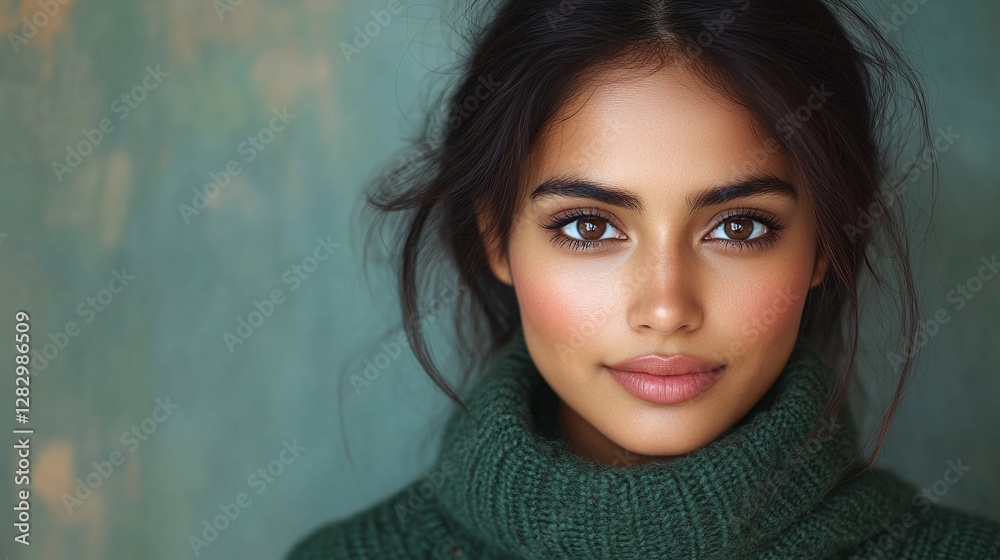 Naklejka premium indian woman in green sweater close up portrait with confident expression natural beauty and stylish fashion elegant face with thoughtful gaze and relaxed posture in warm and soft lighting