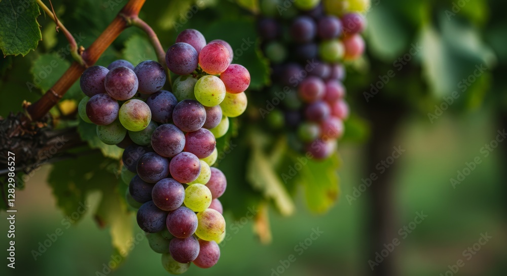 Ripening grape clusters on the vine in a sun dappled vineyard landscape Ripening grape clusters on the vine in a sun dappled vineyard landscape