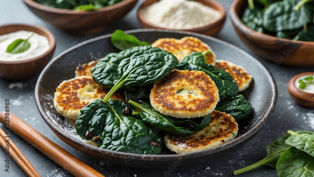 Crispy fried spinach and flour snacks served on a plate with fresh spinach leaves and dips in a warm inviting setting. Crispy fried spinach and flour snacks served on a plate with fresh spinach leaves and dips in a warm inviting setting.