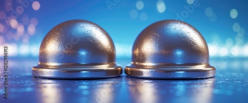 Close-up view of two metallic bails with a glossy finish against a blurred colorful background. photo