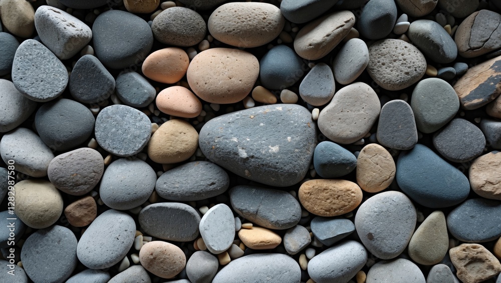 Textured background of assorted pebbles and smooth stones in various colors and sizes arranged on a flat surface. Textured background of assorted pebbles and smooth stones in various colors and sizes arranged on a flat surface.