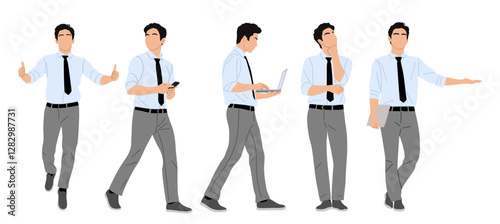 Set of Businessman character in different poses. Handsome man wearing shirt, tie standing and walking, using phone, laptop, front, side view. Vector realistic illustration isolated