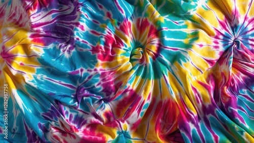 Vibrant tie-dye fabric with swirling patterns in bright colors creating an abstract textile background for creative designs and projects.