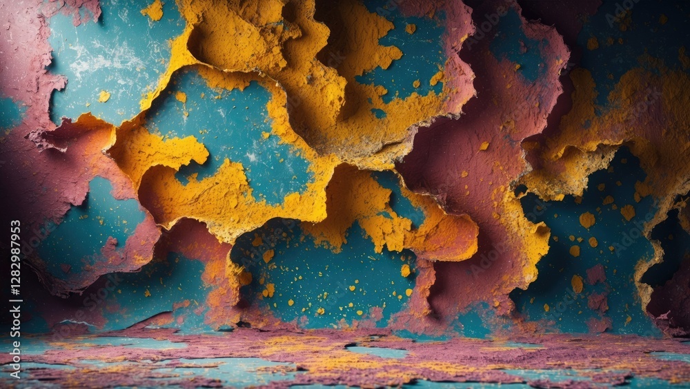 Vibrant aged textured background with colorful peeling paint in shades of blue, yellow, and pink for artistic design and creative projects. Vibrant aged textured background with colorful peeling paint in shades of blue, yellow, and pink for artistic design and creative projects.