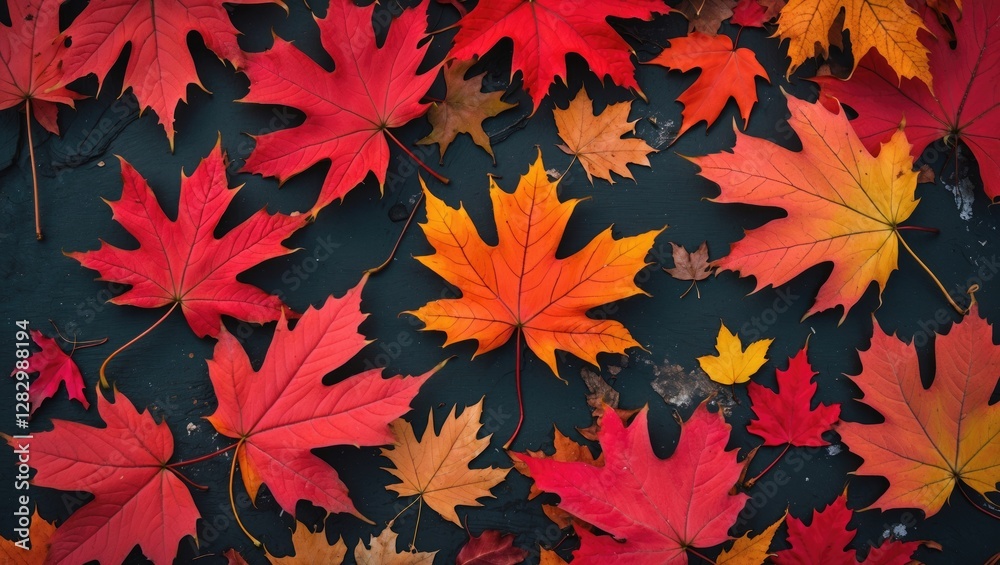 Colorful autumn leaves on dark background in various shades of red, orange, and yellow arrangement flat lay view Colorful autumn leaves on dark background in various shades of red, orange, and yellow arrangement flat lay view