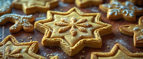 Decorative gingerbread cookies shaped like snowflakes and holiday figures on a wooden surface with powdered sugar and colorful sprinkles. photo