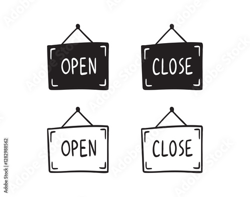 open and close sign board doodle hand drawn icon. Outline drawing open and close sign line clipart symbol