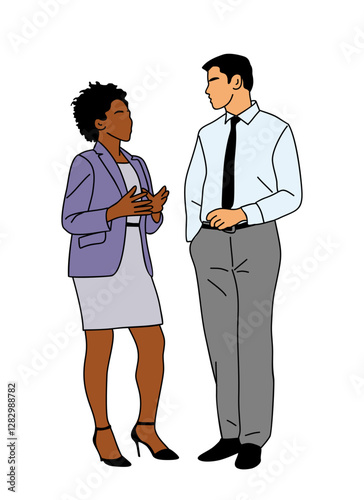 Multiracial Business couple working together. Communication and talking concept. Couple of mixed race woman, man standing and talking discussing, chatting about problems. Vector illustration isolated.