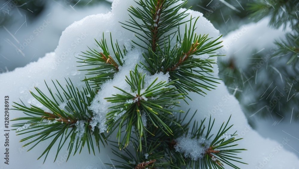 Snow-covered pine branch with green needles and accumulated snow in winter landscape. Snow-covered pine branch with green needles and accumulated snow in winter landscape.