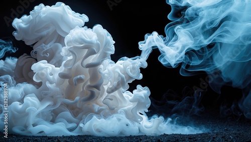 White smoke abstract shapes with swirling patterns against a dark background in a high contrast lighting setup