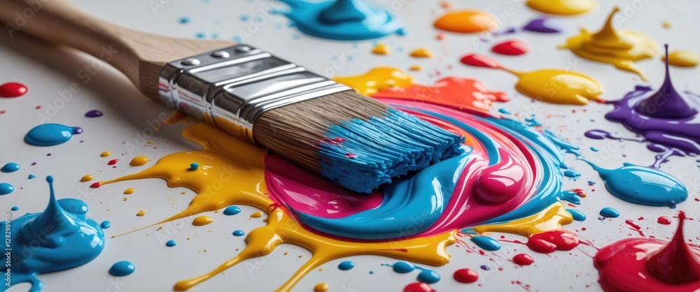 Fototapeta premium Dynamic paint brush creating a vibrant splash of colors on a surface captured in high shutter speed for an artistic effect