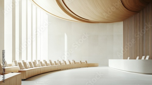 A legislative hall with minimalist seating and natural materials. Featuring simplicity and effectiveness