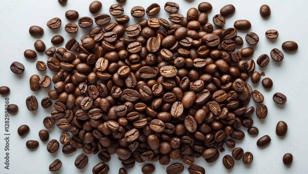 Roasted coffee beans spread out on a light surface viewed from above for food and beverage backgrounds Roasted coffee beans spread out on a light surface viewed from above for food and beverage backgrounds