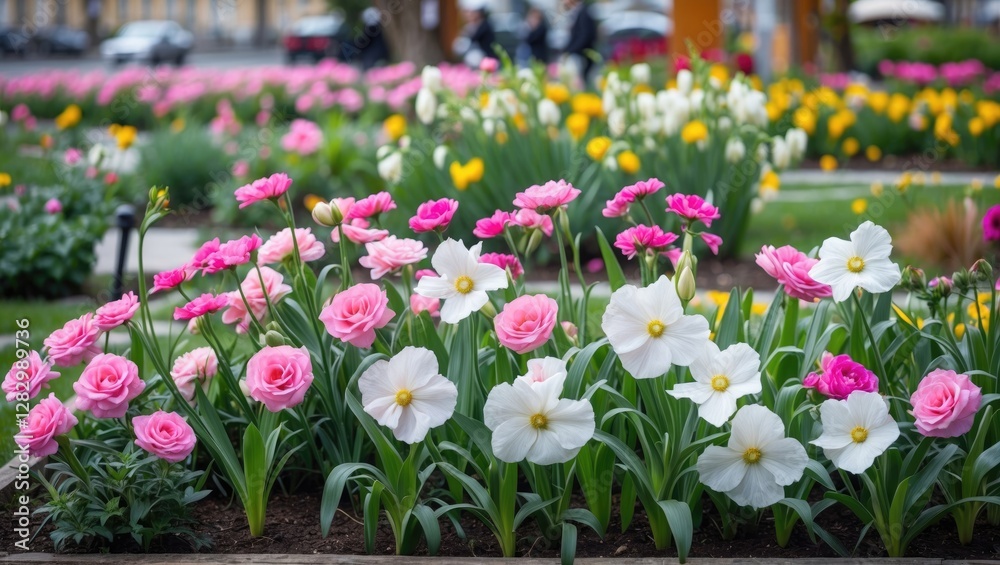 Fototapeta premium Colorful flower garden with pink and white blossoms in a vibrant park setting during spring season.