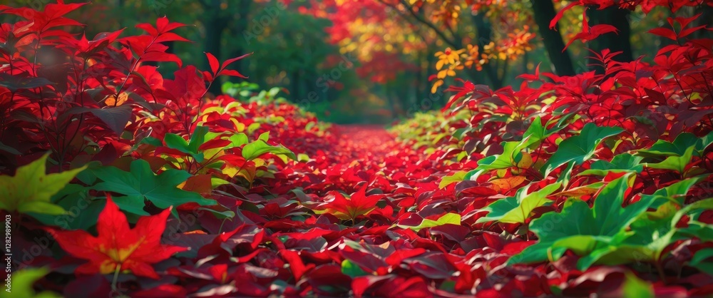 Autumn landscape featuring a vibrant path covered with red and green fallen leaves surrounded by trees with autumn foliage Autumn landscape featuring a vibrant path covered with red and green fallen leaves surrounded by trees with autumn foliage