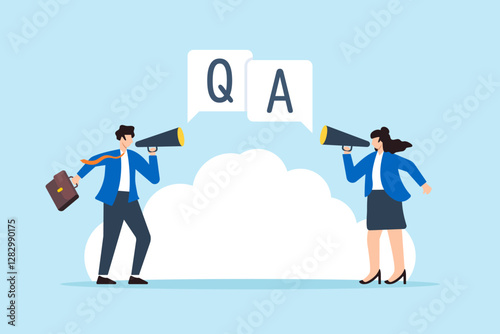 Flat illustration businessman and businesswoman shout on megaphone Q A question session speech bubble symbolizing problem solving