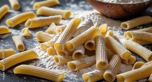 Raw pasta rigatoni and flour scattered on a dark surface with a wooden bowl in the background photo