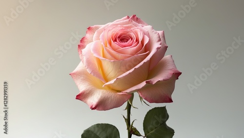 Pink and yellow rose with soft petals and green leaves against a neutral background