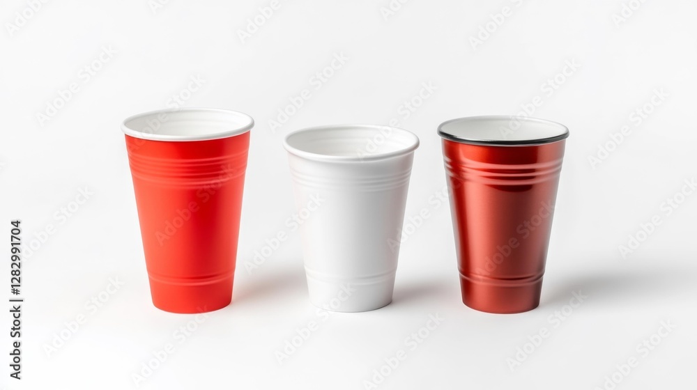 Set of three colorful plastic cups isolated on white background. Generative AI Set of three colorful plastic cups isolated on white background. Generative AI