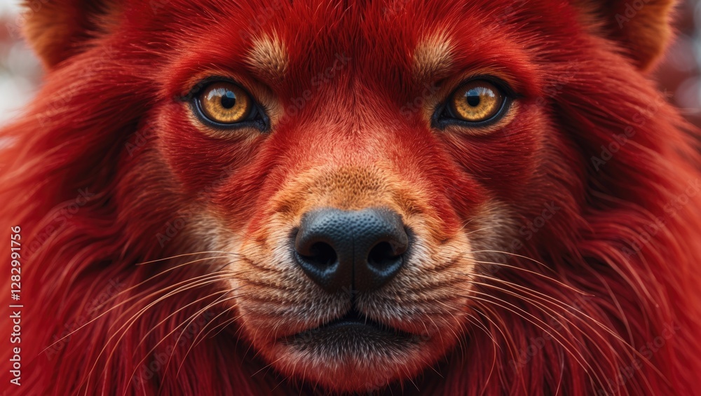 Naklejka premium Close-up portrait of a vibrant red Pomeranian dog with striking yellow eyes, focused expression and detailed fur texture.