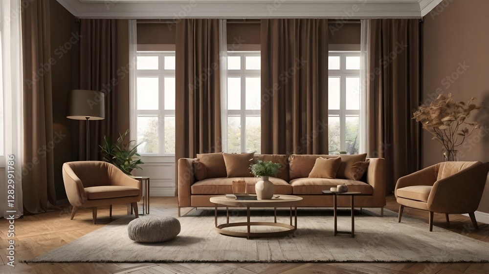 Fototapeta premium Living room interior in brown mocha mousse 2025 color with brown armchair and decor- 3D rendering.