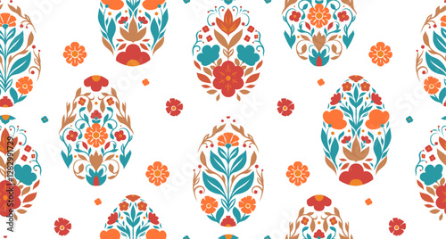 Vector seamless pattern with Easter eggs in folk art style on white background with flowers. Decorative texture with holiday eggs. Wallpaper with spring floral ornament. Background for fabrics