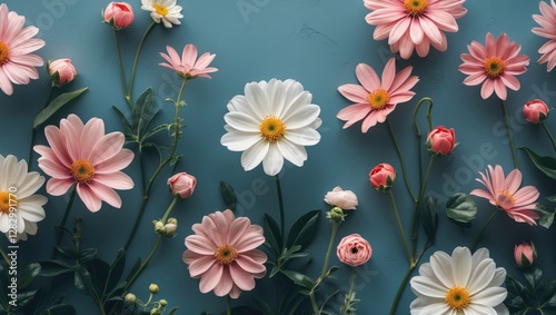 Floral arrangement with pink daisies white daisies and ranunculus on blue background showcasing natural beauty and color contrast